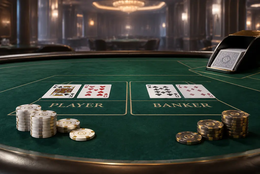Kartu baccarat dan tumpukan cip di atas meja kasino hijau