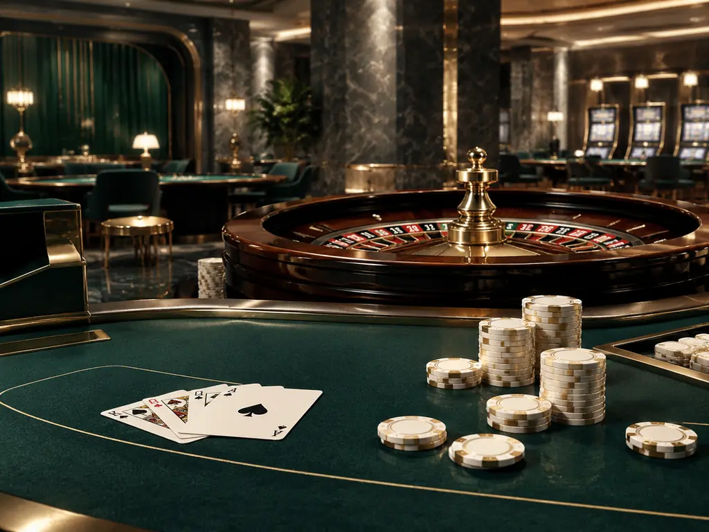 Ilustrasi ruang kasino dengan meja kartu, roda roulette dan tumpukan chip
