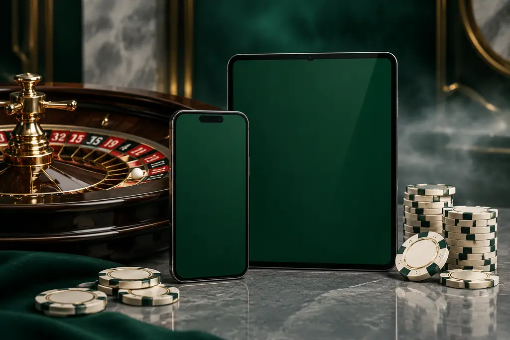 Ponsel dan tablet di sisi roda roulette serta chip kasino