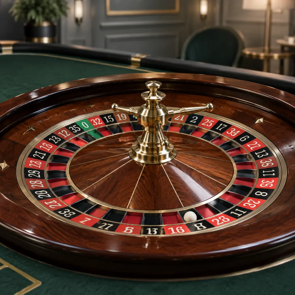 Roda roulette dan bola kecil di ruang kasino berwarna hijau dan abu-abu