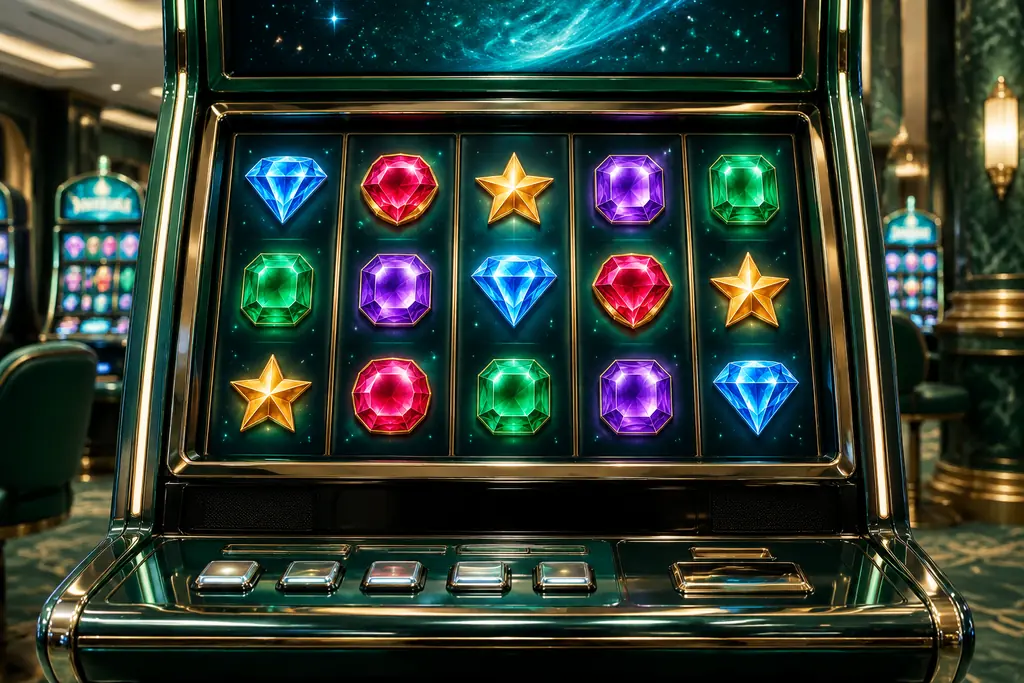 Mesin slot bertema permata dengan gulungan bercahaya di ruang kasino