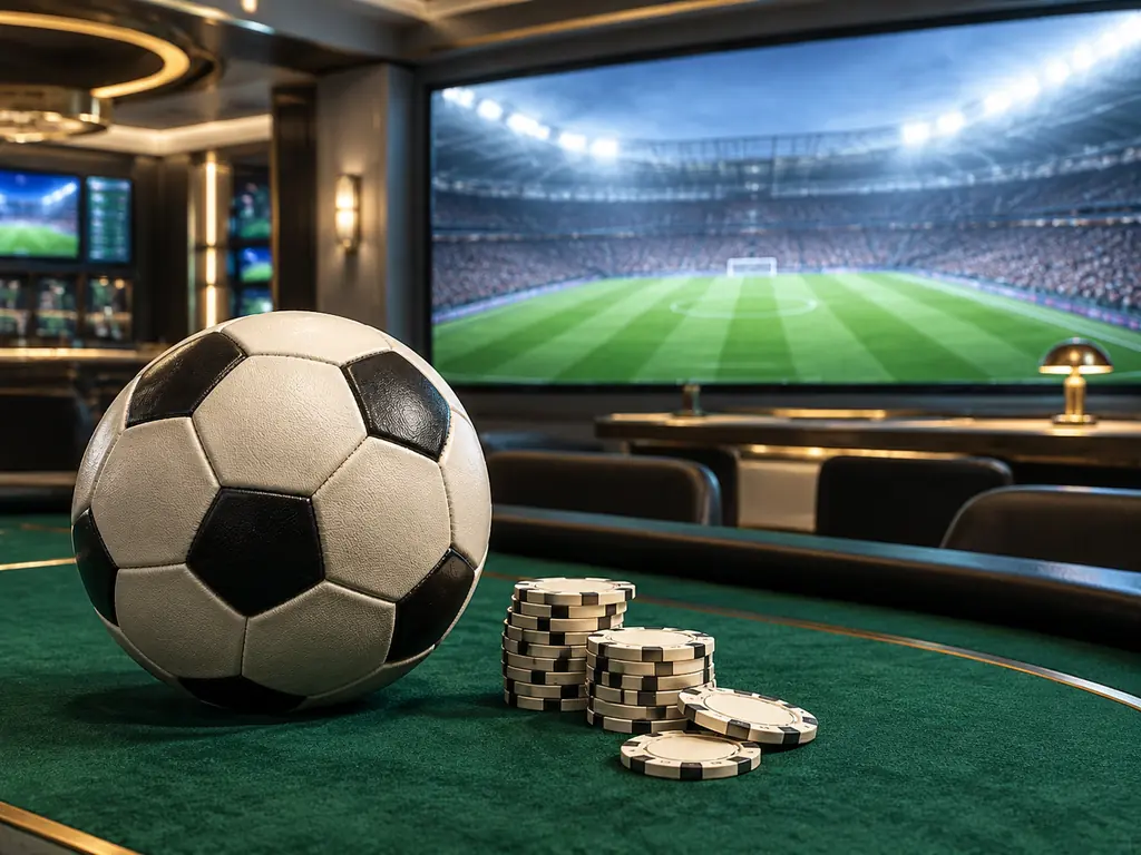 Bola sepak dan cip kasino dengan stadion di latar belakang